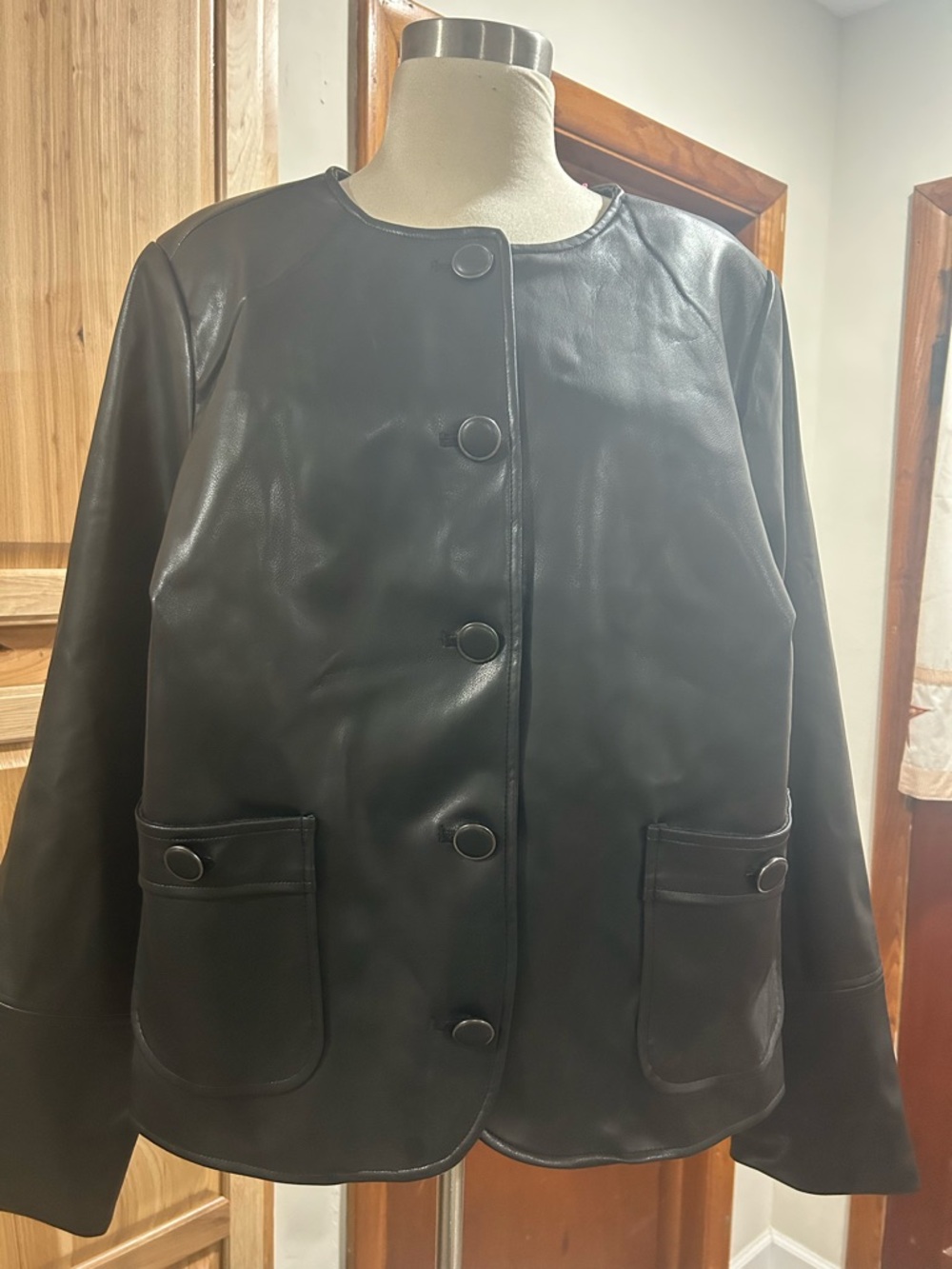 torrid Black Faux Leather Round-Neck Button Jacket